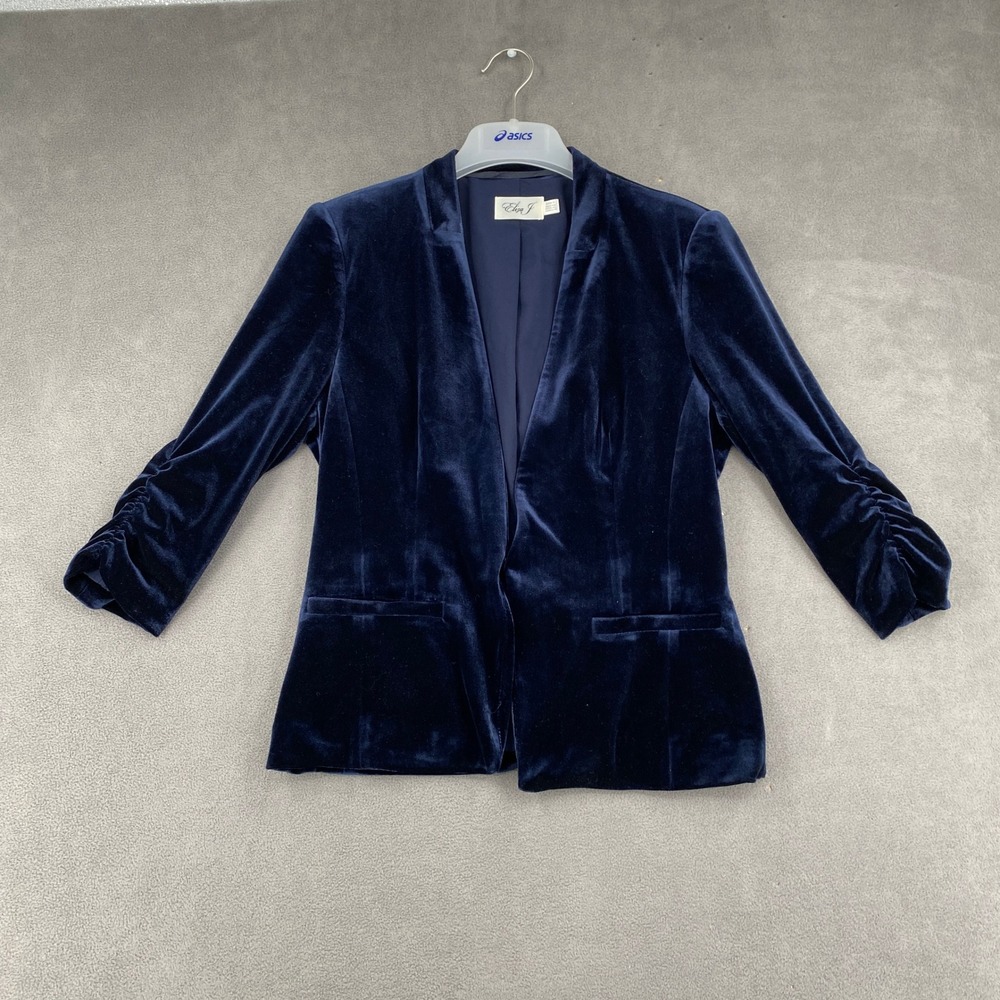 Eliza J Womens Navy Blue Velvet Ruched Sleeve Open Front Blazer Jacket Small